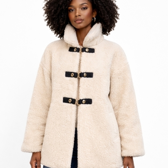 Zara | Ivory Sherpa Fleece Teddy Coat Toggle Closure - Picture 11 of 11
